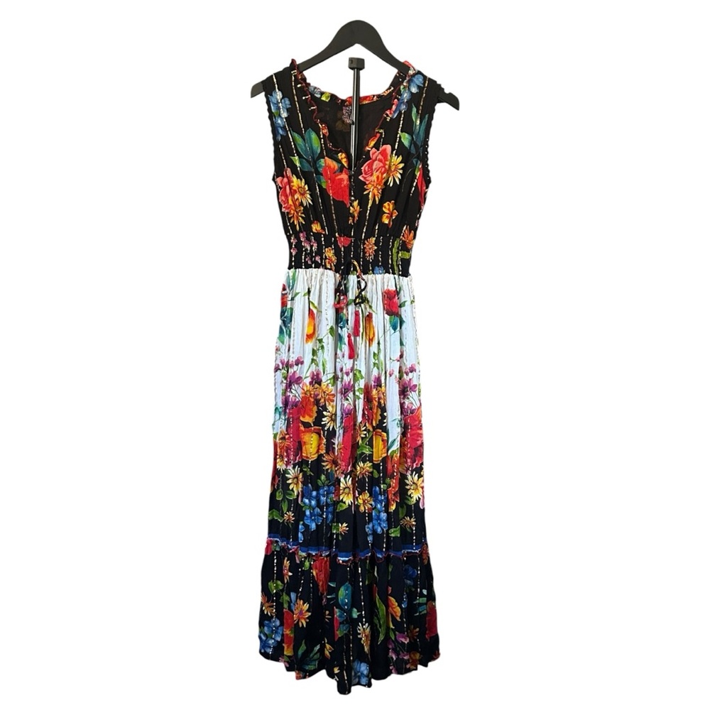 Me 2 Magic Bright Floral Metallic Stripe Maxi Dress Sleeveless Gardencore Small